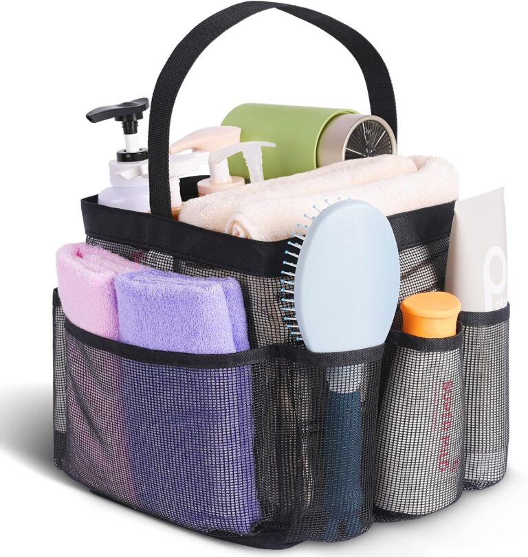 A mesh shower caddy filled with towels, shampoo, and toiletries, showing its spacious 8-pocket design—ideal for dorm living.