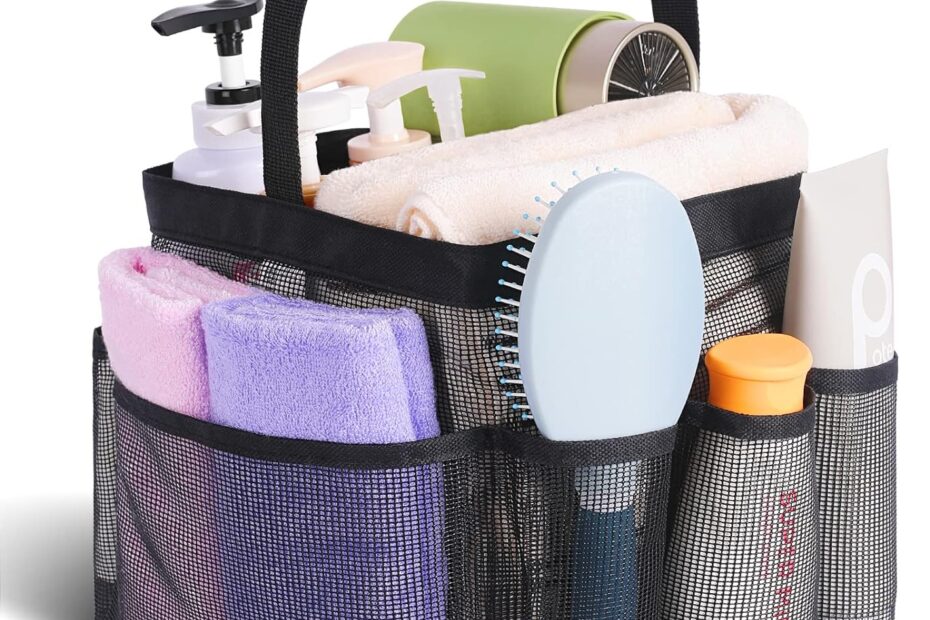 A mesh shower caddy filled with towels, shampoo, and toiletries, showing its spacious 8-pocket design—ideal for dorm living.