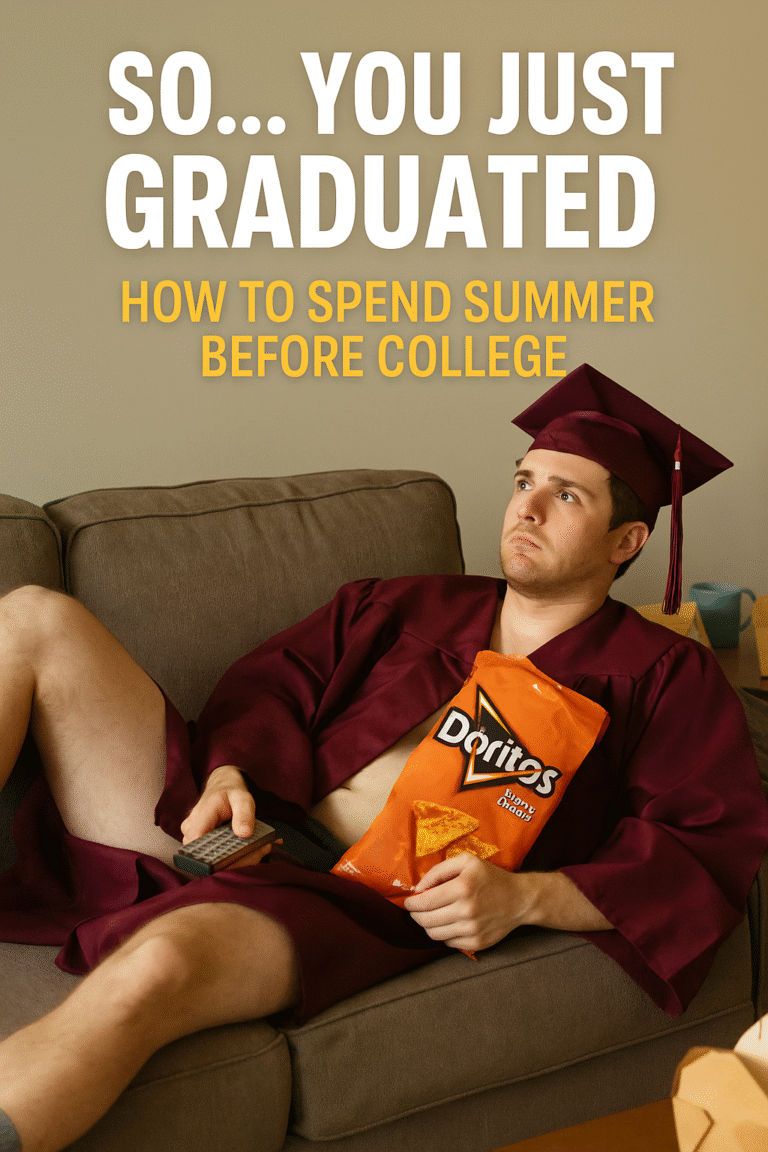 A young man in a burgundy graduation gown and cap lounges on a couch with a bag of Doritos on his stomach and a TV remote in hand, staring blankly ahead under bold text that reads “So… You Just Graduated – How to Spend Summer Before College.”