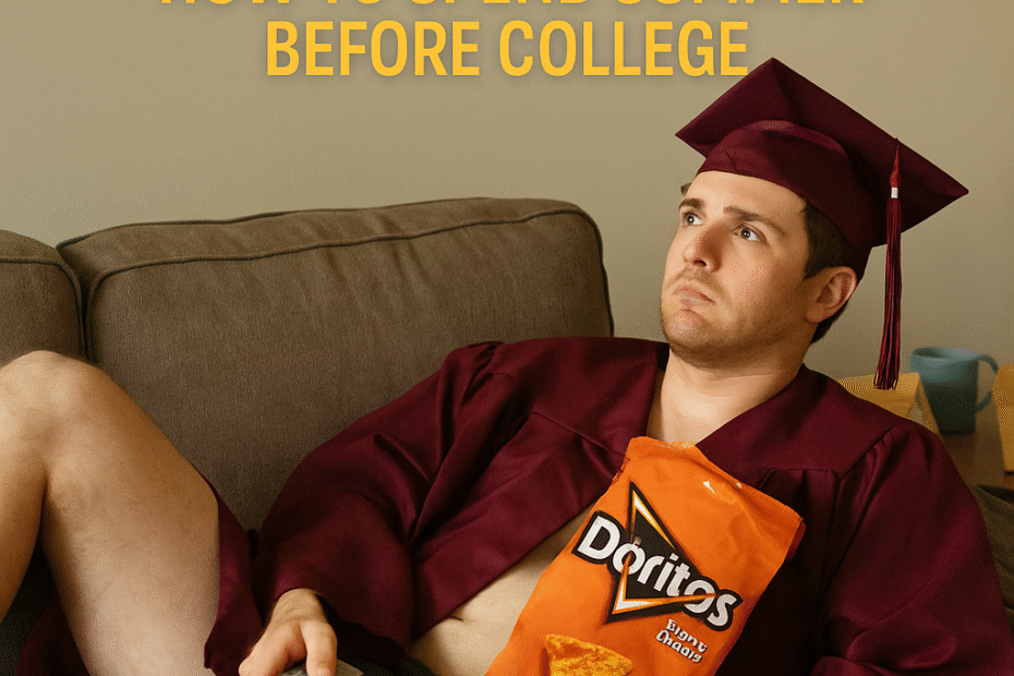 A young man in a burgundy graduation gown and cap lounges on a couch with a bag of Doritos on his stomach and a TV remote in hand, staring blankly ahead under bold text that reads “So… You Just Graduated – How to Spend Summer Before College.”