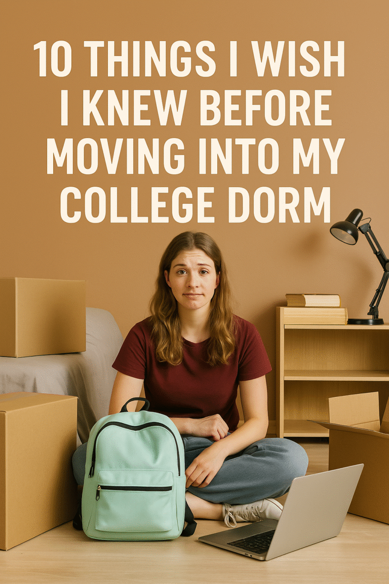 A young woman sits cross-legged on her dorm floor surrounded by moving boxes, a mint green backpack in front of her, and a laptop on the ground. She looks slightly overwhelmed under the headline “10 Things I Wish I Knew Before Moving Into My College Dorm.”