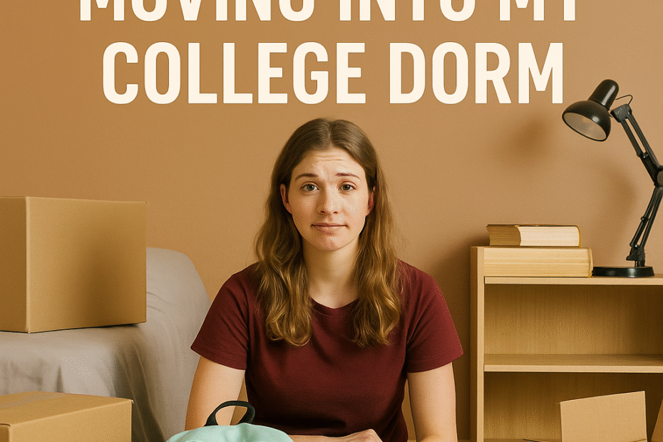 A young woman sits cross-legged on her dorm floor surrounded by moving boxes, a mint green backpack in front of her, and a laptop on the ground. She looks slightly overwhelmed under the headline “10 Things I Wish I Knew Before Moving Into My College Dorm.”