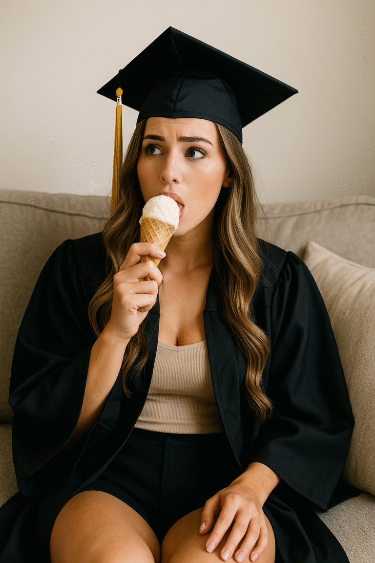 A young woman in a graduation cap and gown sits casually on a couch eating ice cream from a bowl, smiling confidently as she relaxes before college move-in.