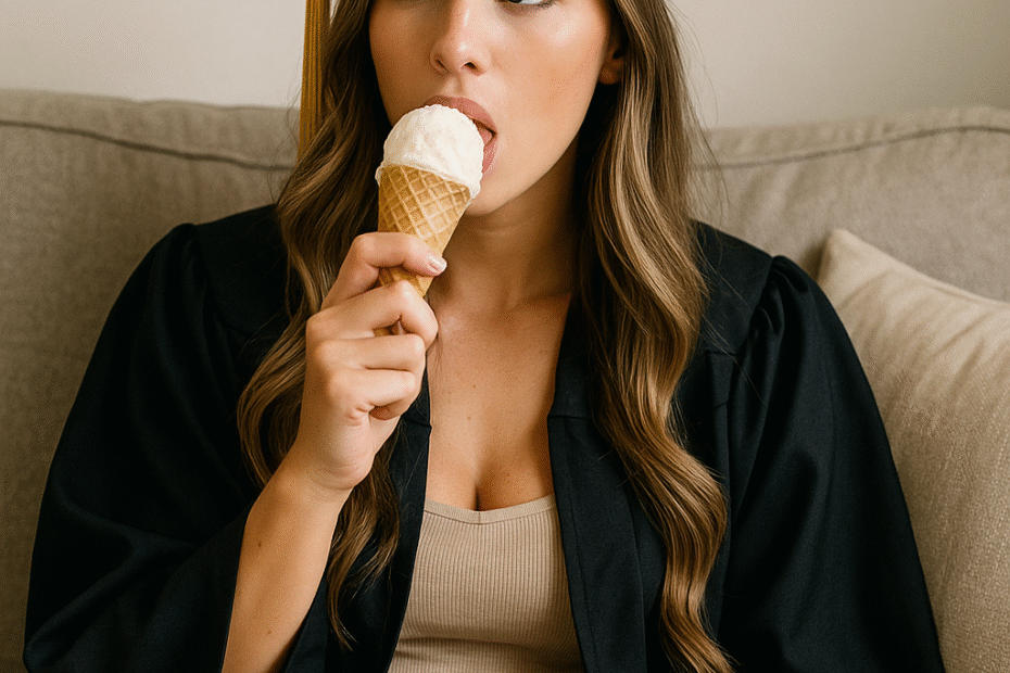 A young woman in a graduation cap and gown sits casually on a couch eating ice cream from a bowl, smiling confidently as she relaxes before college move-in.