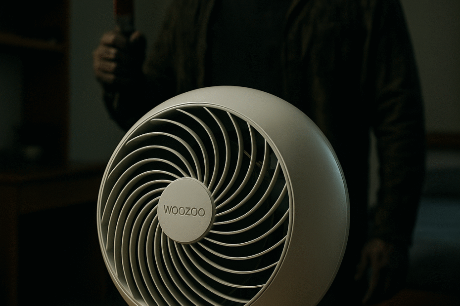 A digitally created ad-style image of a Woozoo fan glowing dramatically in the center of a dimly lit college dorm room, styled like a horror movie poster, with bold lighting effects and a subtle Friday the 13th vibe.