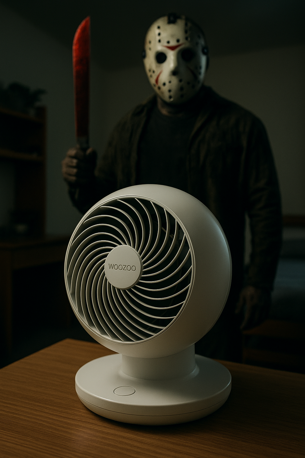 A digitally created ad-style image of a Woozoo fan glowing dramatically in the center of a dimly lit college dorm room, styled like a horror movie poster, with bold lighting effects and a subtle Friday the 13th vibe.