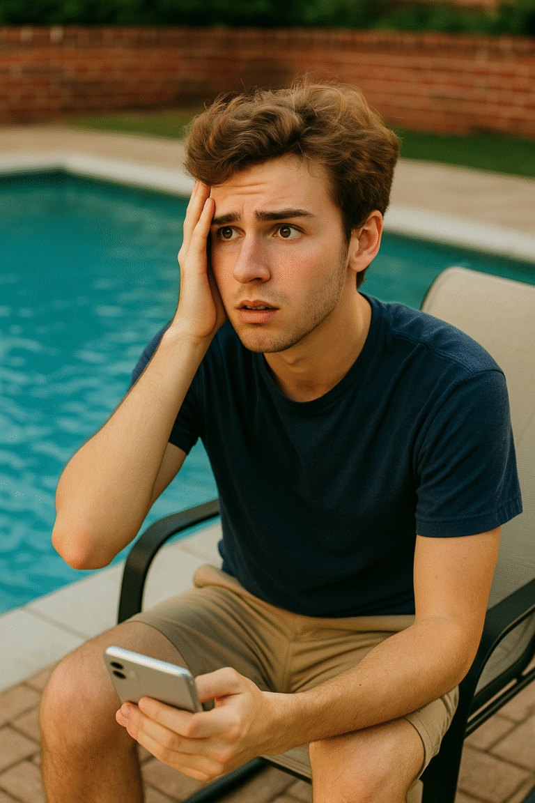 A young man with light brown hair sits poolside in casual summer clothes, looking anxious while holding a phone and a notepad. His expression captures the pressure of preparing for college with only a few months left.