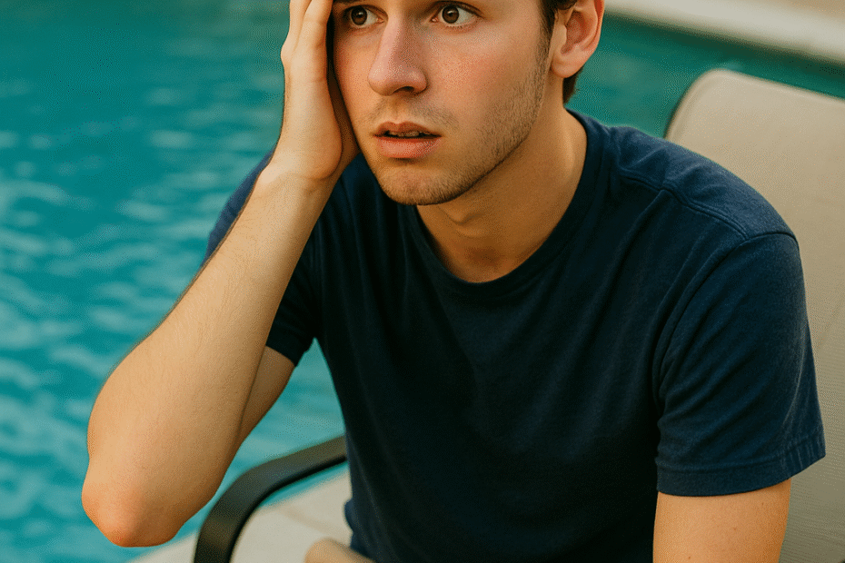 A young man with light brown hair sits poolside in casual summer clothes, looking anxious while holding a phone and a notepad. His expression captures the pressure of preparing for college with only a few months left.