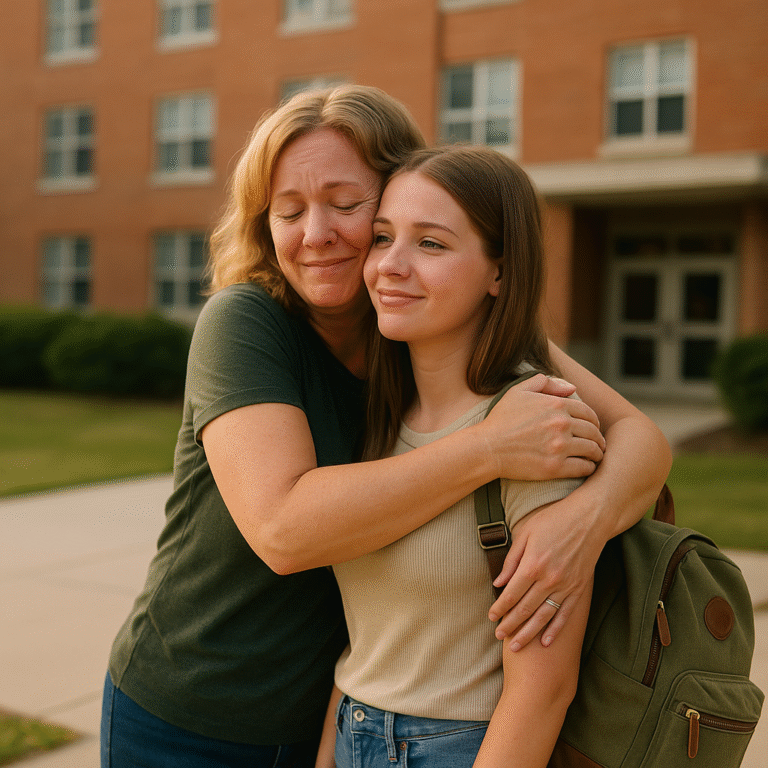 A middle-aged woman with light skin hugs her teenage child tightly in front of a college dorm building.