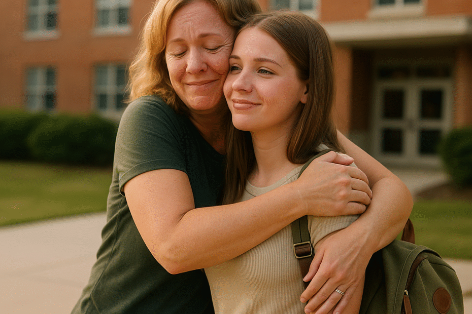 A middle-aged woman with light skin hugs her teenage child tightly in front of a college dorm building.