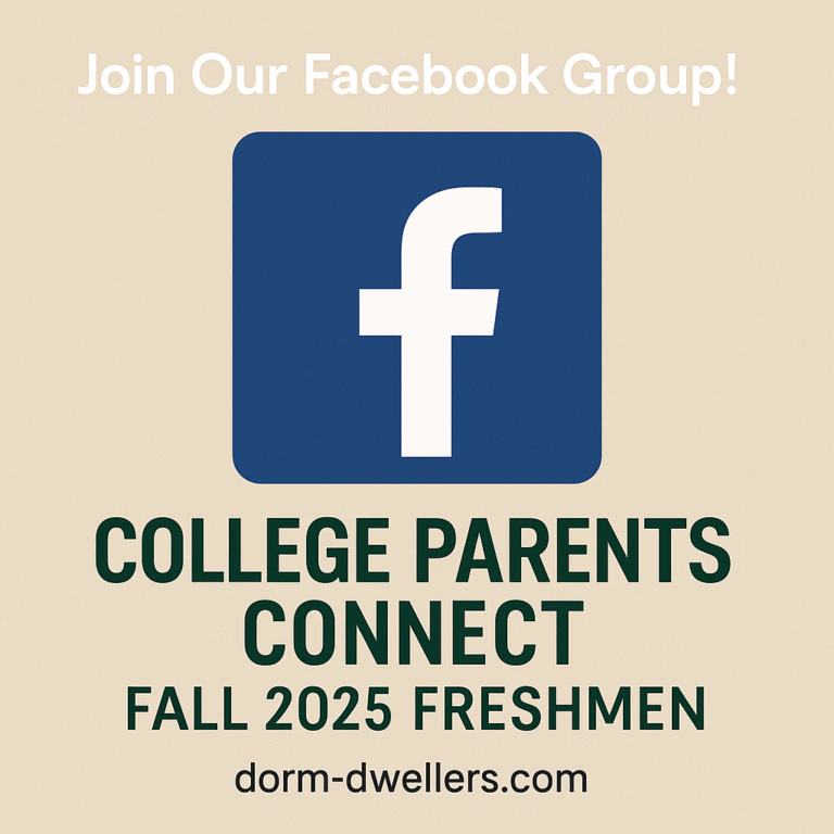 A digital graphic promoting a Facebook group for parents of incoming college freshmen, featuring a bold Facebook logo and the text “College Parents Connect – Fall 2025 Freshmen” on a beige background.