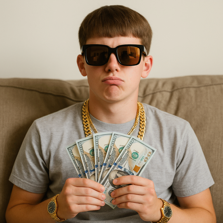 A teenage boy wearing flashy sunglasses, chains, and watches, holding cash and looking smug after spending all his high school graduation money