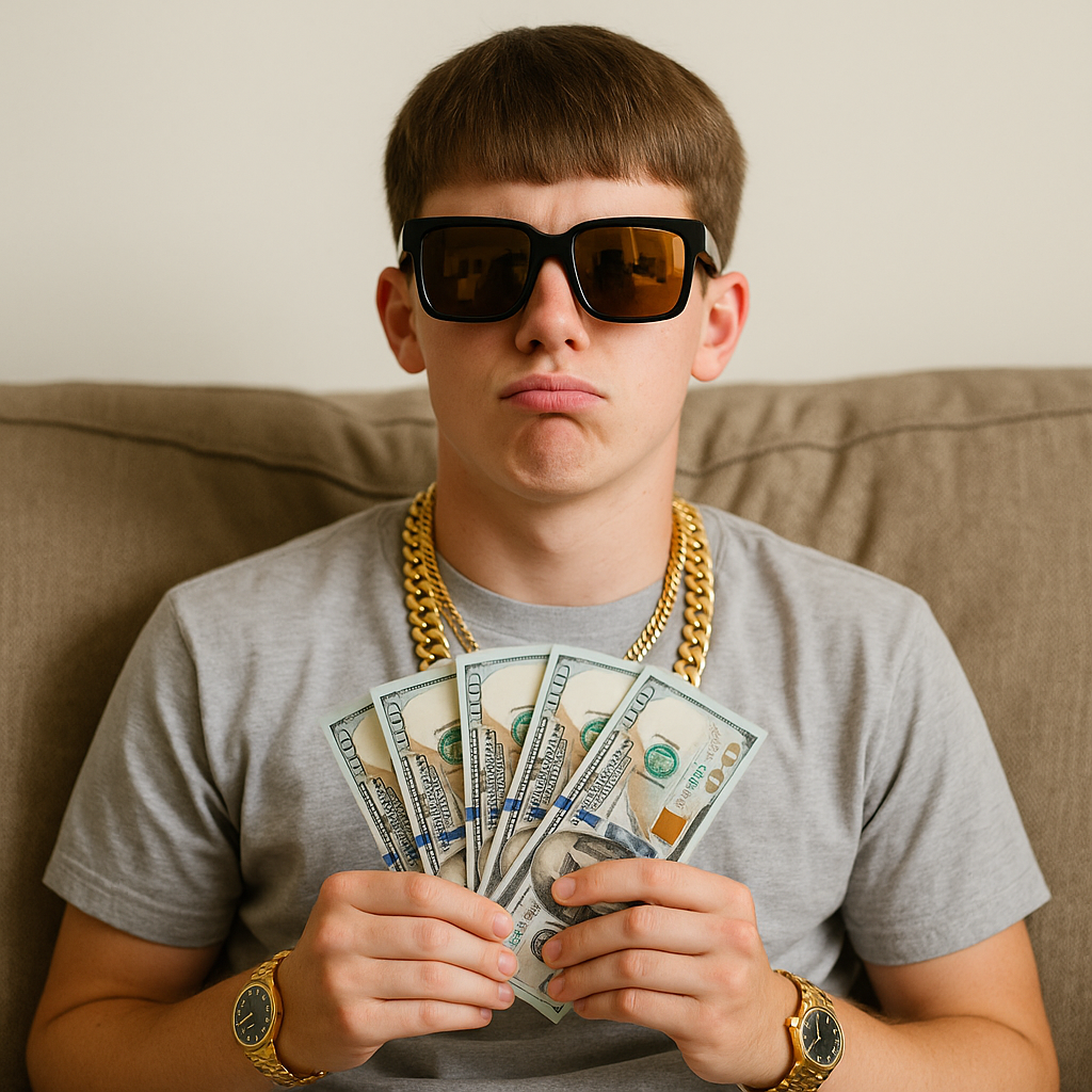 A teenage boy wearing flashy sunglasses, chains, and watches, holding cash and looking smug after spending all his high school graduation money