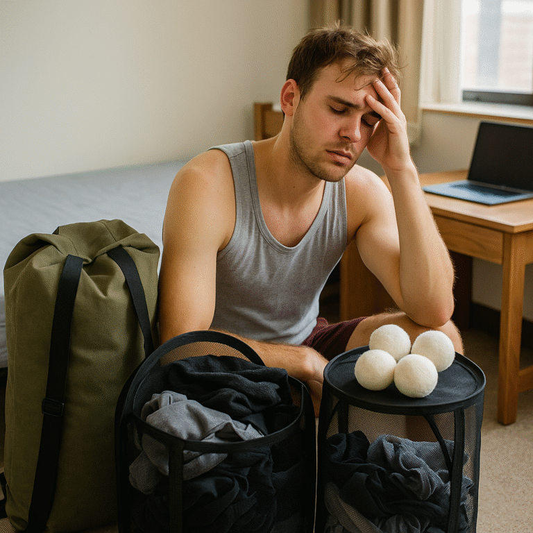 A college freshman loads laundry into a washing machine in a dorm laundry room, surrounded by a backpack-style laundry bag, a pop-up hamper, and wool dryer balls.