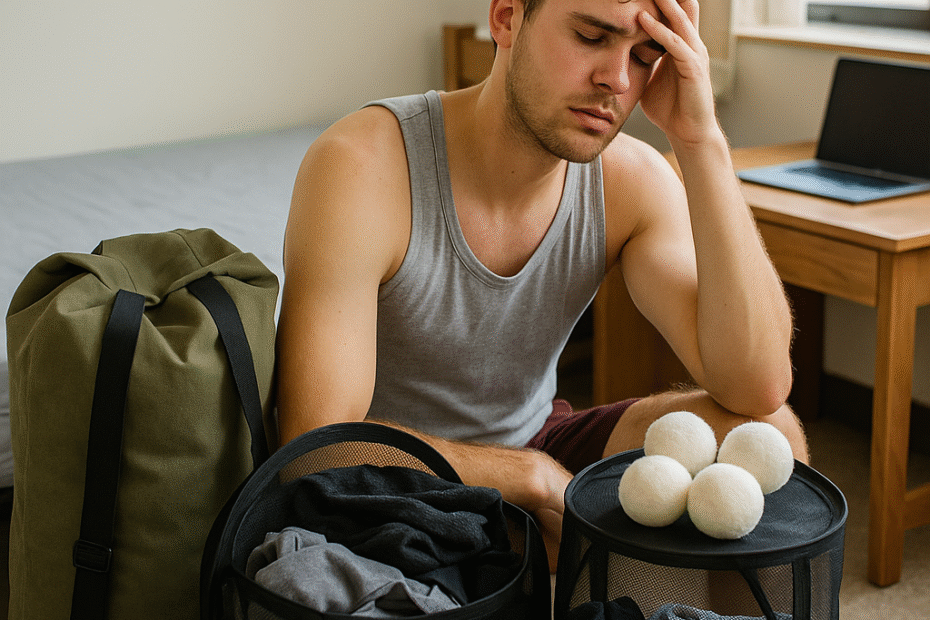 A college freshman loads laundry into a washing machine in a dorm laundry room, surrounded by a backpack-style laundry bag, a pop-up hamper, and wool dryer balls.