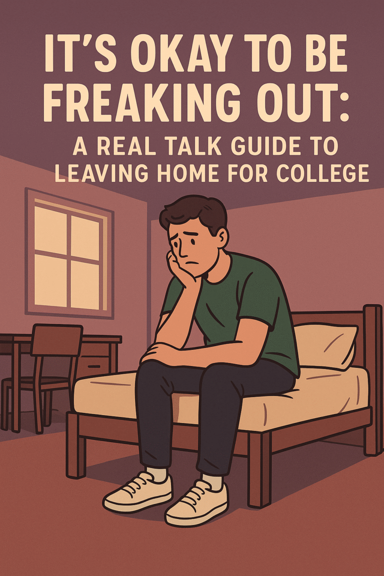 Illustration of a nervous college student sitting on a dorm bed with head in hand, looking anxious, with the text “It’s Okay to Be Freaking Out: A Real Talk Guide to Leaving Home for College.”