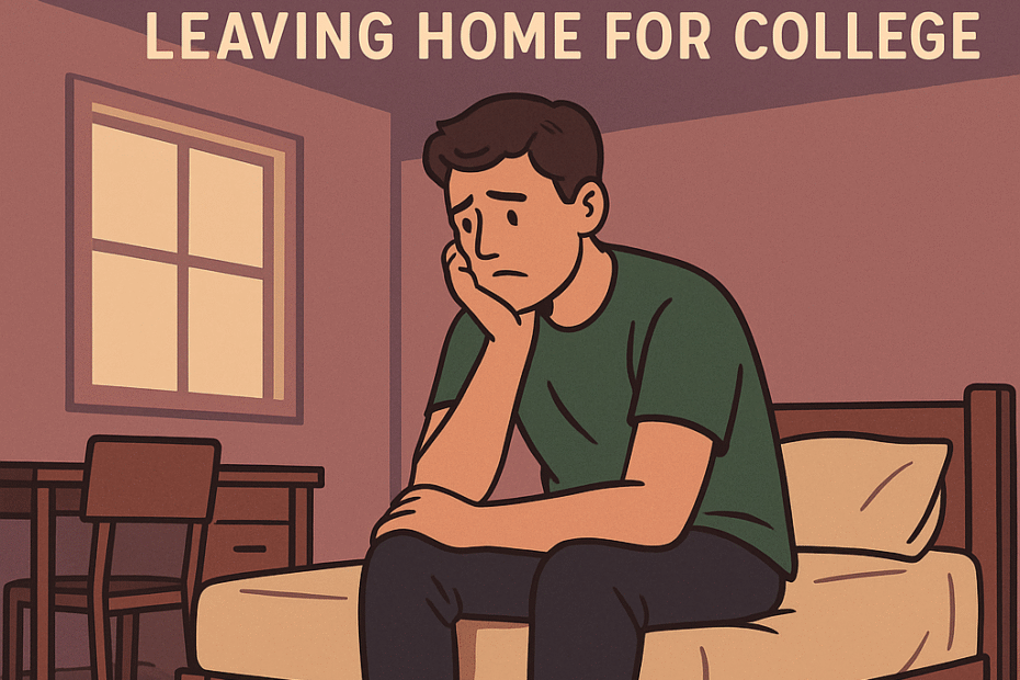 Illustration of a nervous college student sitting on a dorm bed with head in hand, looking anxious, with the text “It’s Okay to Be Freaking Out: A Real Talk Guide to Leaving Home for College.”