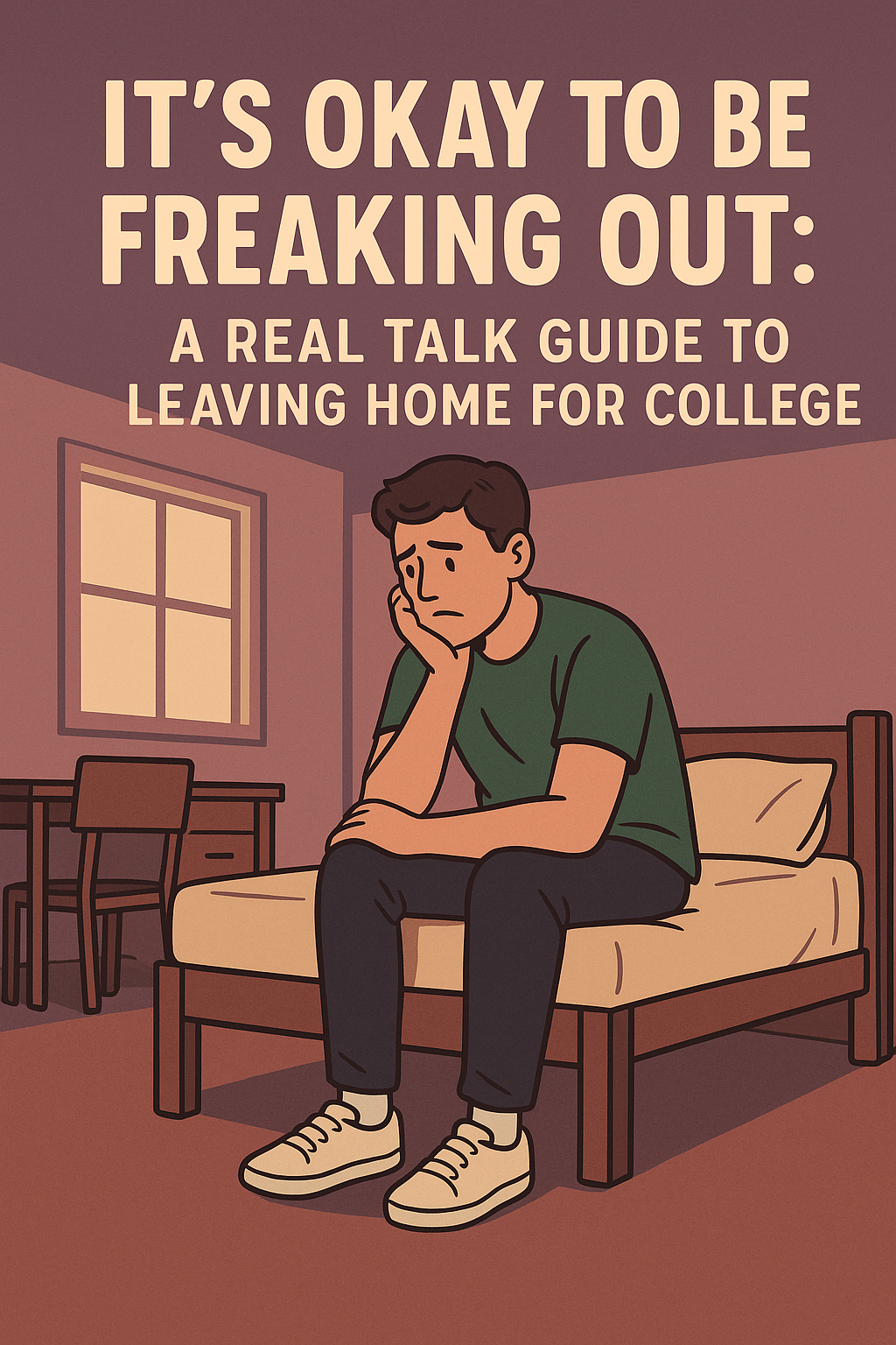 Illustration of a nervous college student sitting on a dorm bed with head in hand, looking anxious, with the text “It’s Okay to Be Freaking Out: A Real Talk Guide to Leaving Home for College.”