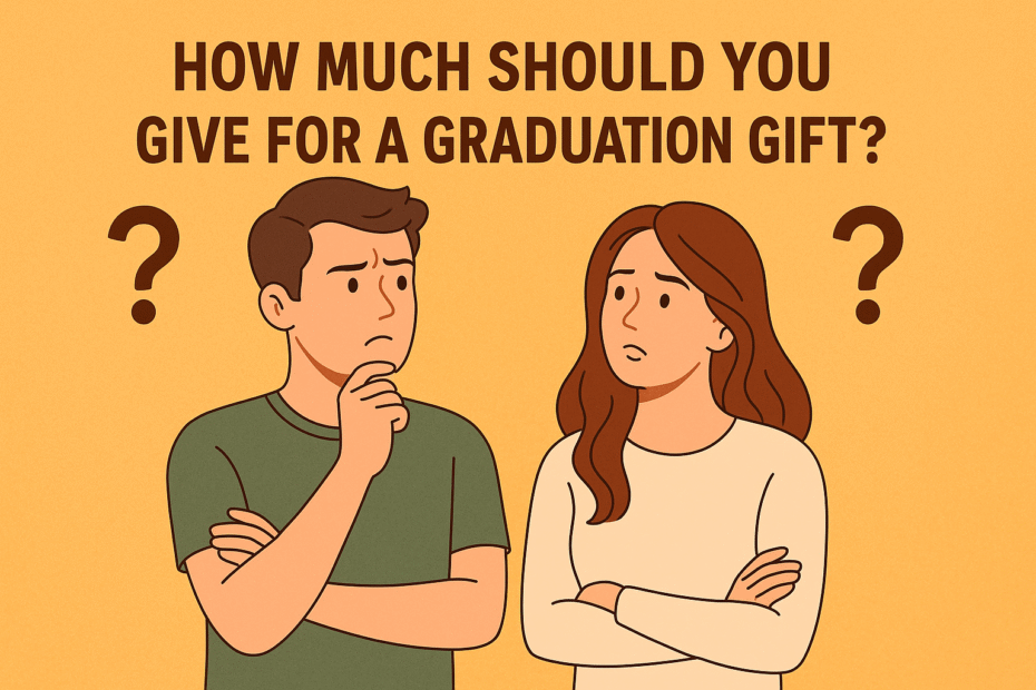 A flat-style illustration of a confused man and woman standing under the text “How Much Should You Give for a Graduation Gift?”, with question marks above their heads, set against an orange background.