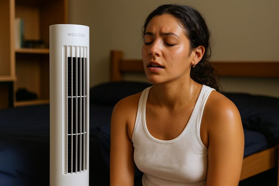 A tan female college student in a white tank top sits in front of a Woozoo tower fan, visibly sweating and looking relieved as the fan cools her down in a warm dorm room.