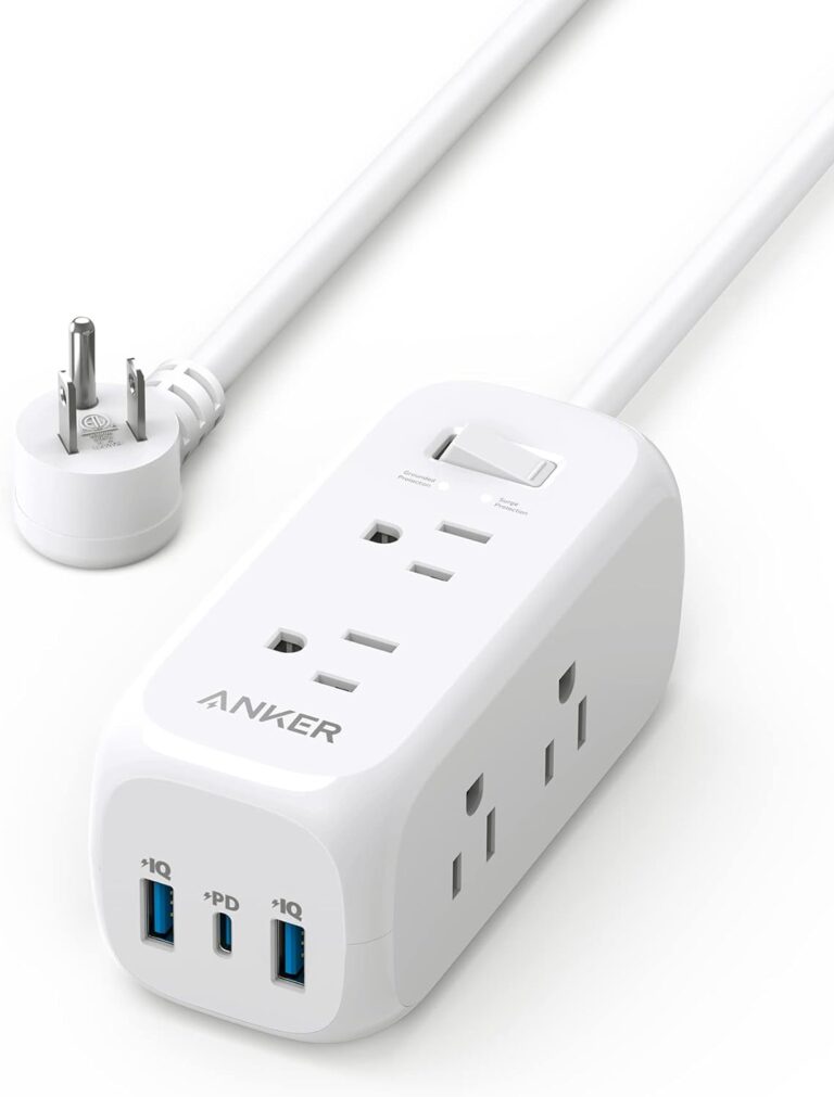 Anker power strip with USB ports, surge protection, and multiple outlets, ideal for dorm room use.