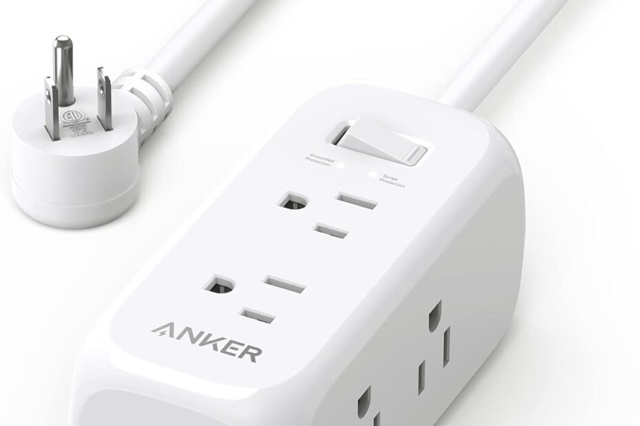 Anker power strip with USB ports, surge protection, and multiple outlets, ideal for dorm room use.