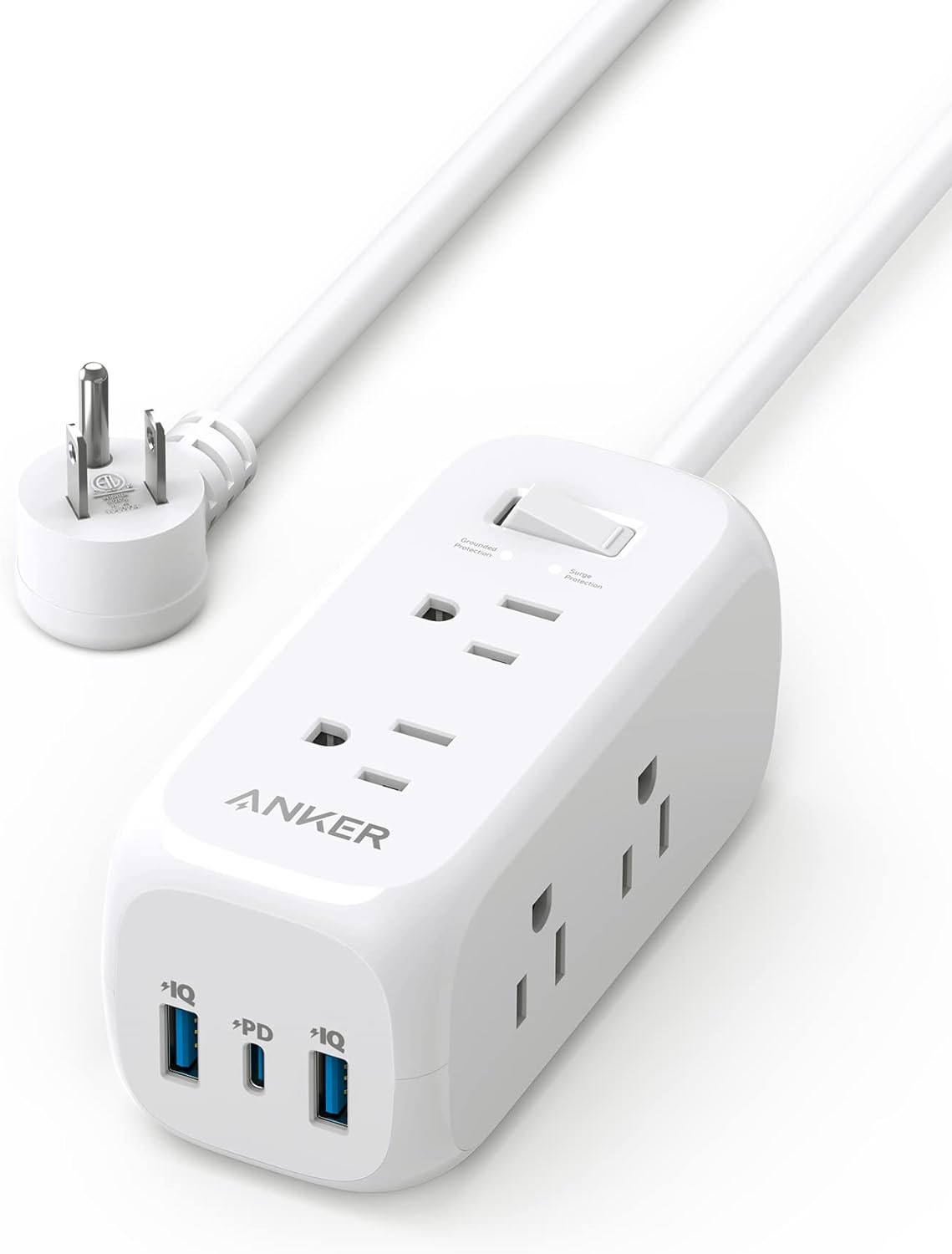 Anker power strip with USB ports, surge protection, and multiple outlets, ideal for dorm room use.