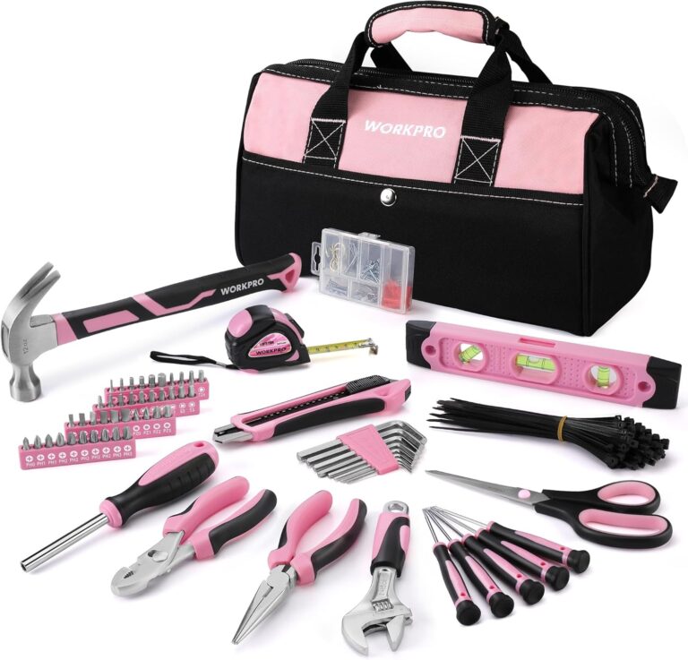 Pink and black 168-piece WorkPro household tool kit with carrying bag, perfect for dorm move-in and college students.