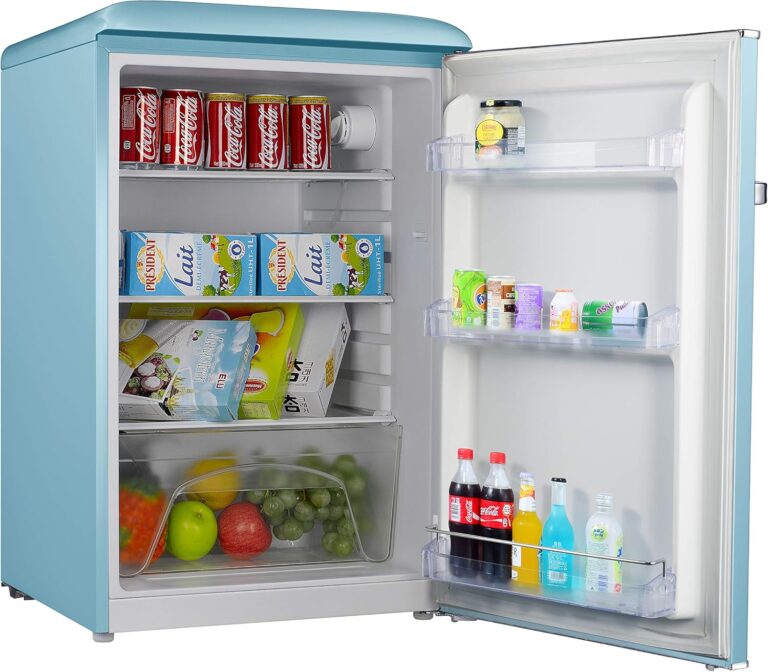 Blue Galanz Retro Mini Fridge, ideal for college dorm rooms.