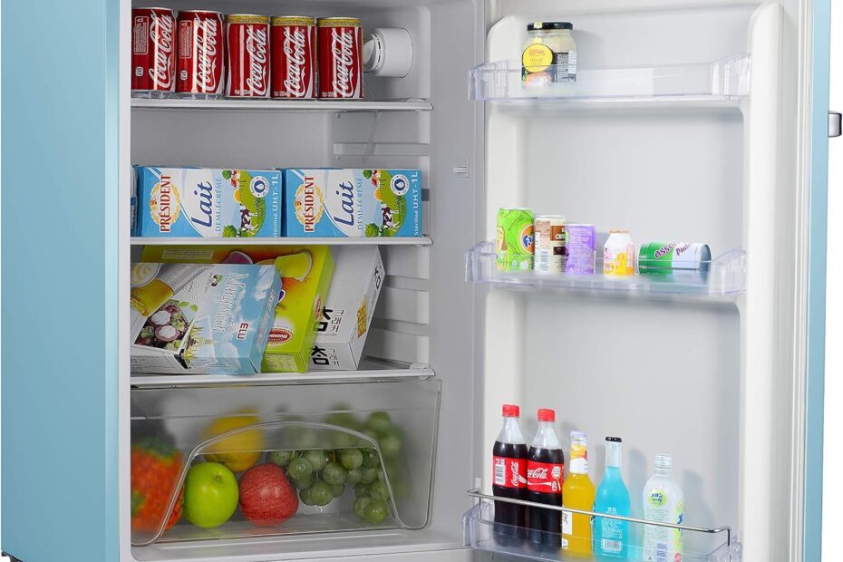 Blue Galanz Retro Mini Fridge, ideal for college dorm rooms.