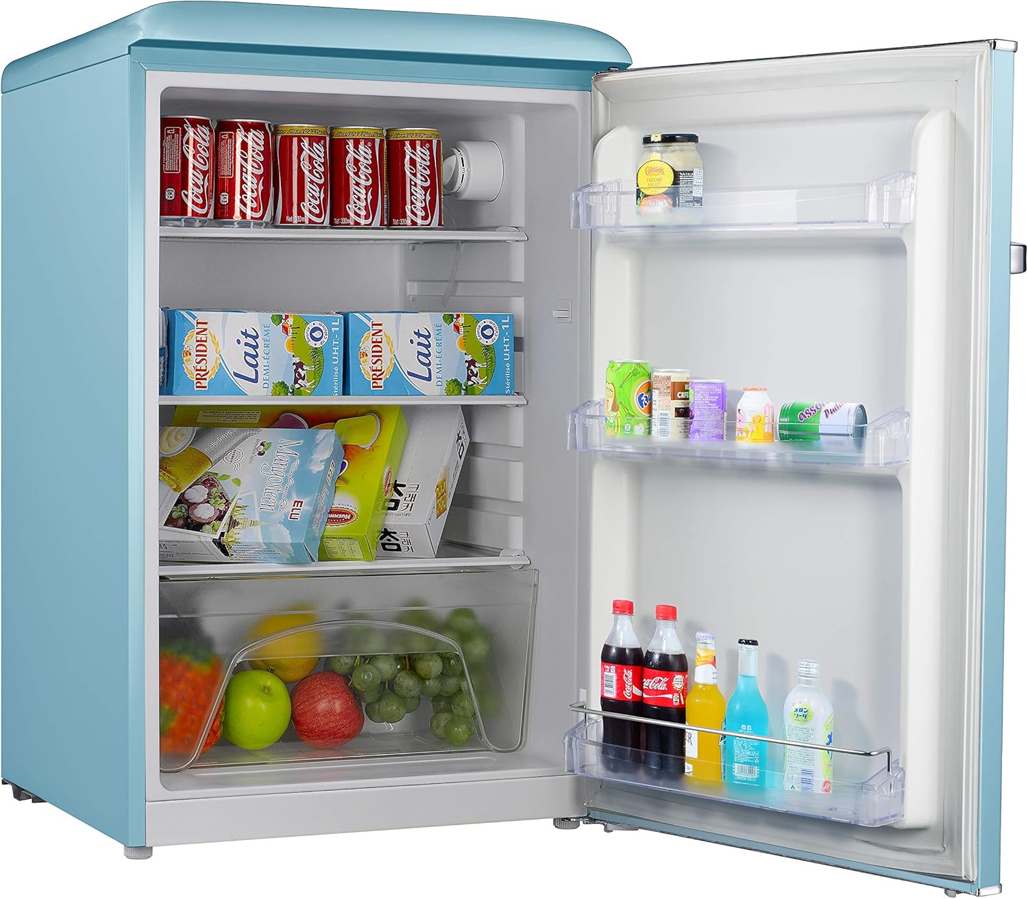 Blue Galanz Retro Mini Fridge, ideal for college dorm rooms.