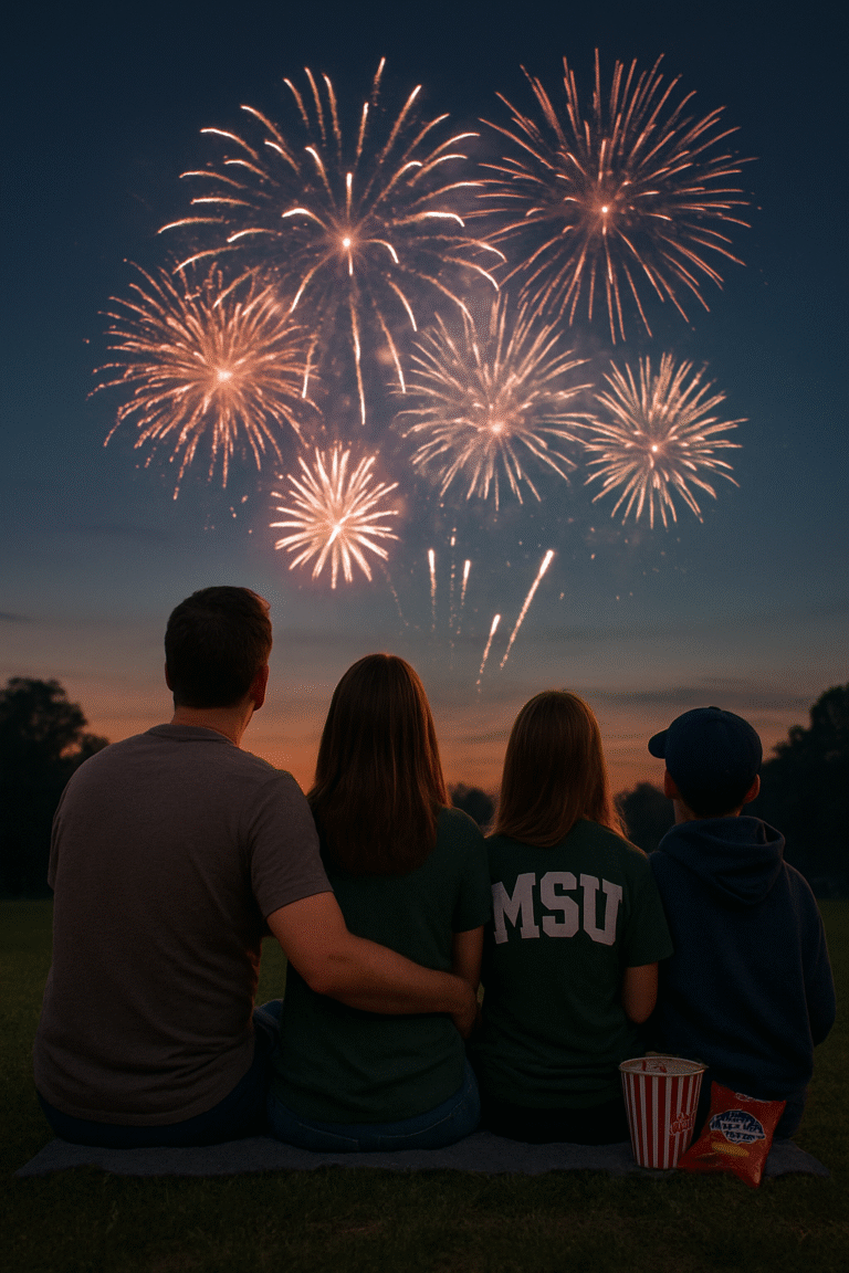 A family of four sitting on a blanket, watching fireworks light up the night sky together during a peaceful 4th of July evening.