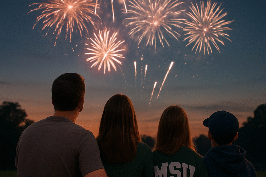 A family of four sitting on a blanket, watching fireworks light up the night sky together during a peaceful 4th of July evening.
