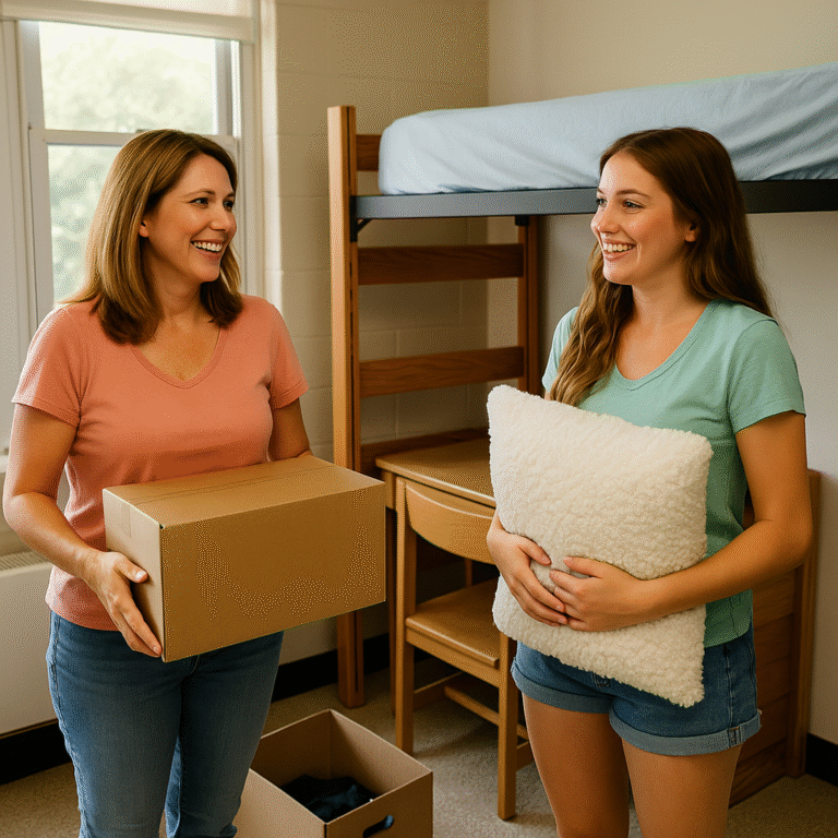 Mother and daughter moving into a college dorm room, carrying boxes and bedding with smiles and emotion.