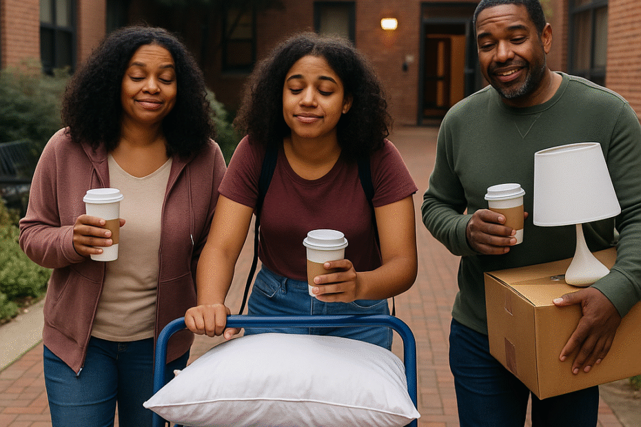 African American family moving daughter into college dorm early in the morning with coffee and dorm supplies.