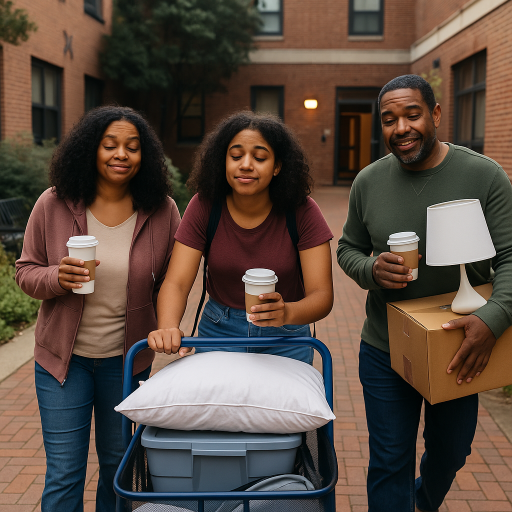 African American family moving daughter into college dorm early in the morning with coffee and dorm supplies.