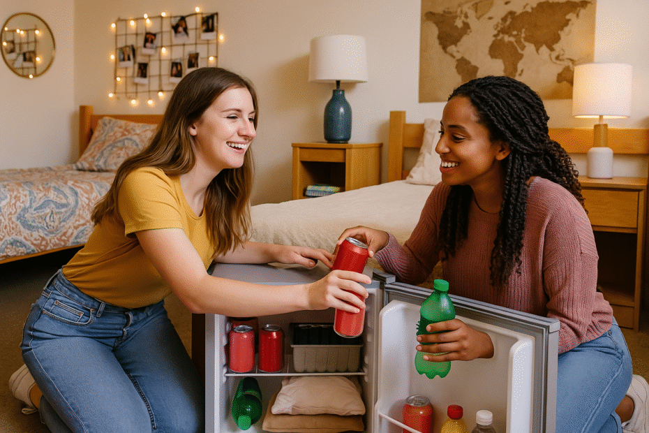 Two college roommates pull drinks from a mini fridge in their decorated dorm room.