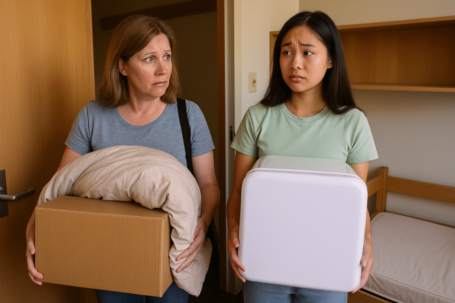A mother helps her nervous freshman daughter move into her college dorm room on move-in day.