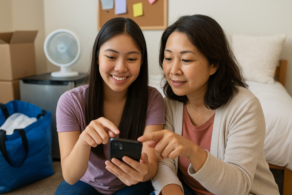 Mother and daughter sitting on a bed, smiling as they browse their phone for last-minute dorm room essentials after college move-in.