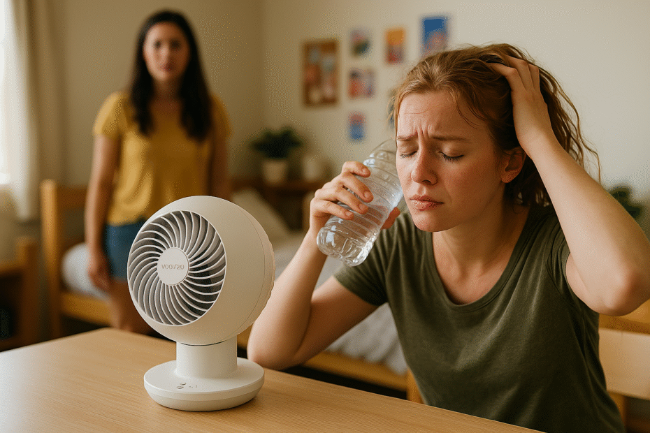 Two college students in a hot dorm room cooling off with a Woozoo fan