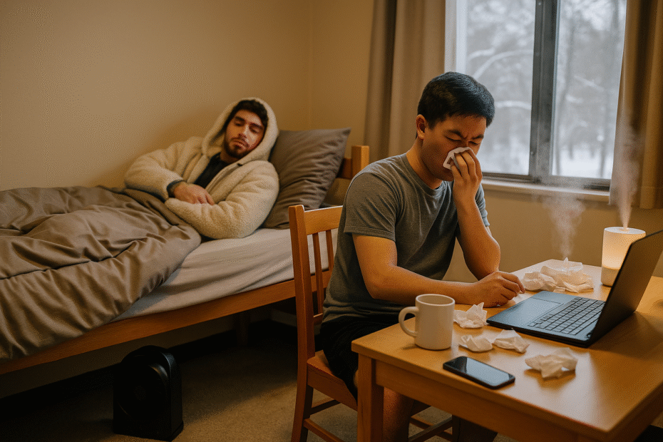 A male college student lies in bed wearing a sherpa coat while his sick roommate sits at a dorm desk in shorts with tissues, a laptop, and a mug during winter.