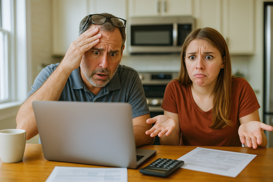 A confused dad and daughter sitting at a kitchen table staring at a laptop with papers and a calculator, representing the stress of filling out FAFSA.
