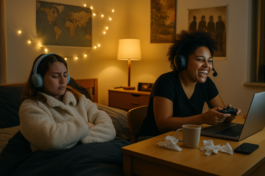A frustrated female college student wearing headphones in bed while her roommate plays video games loudly at a dorm desk.