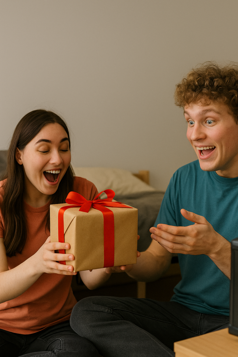 Two college students opening a wrapped gift in a dorm room with text reading ‘The Top 10 Gifts to Get Your College Student in 2025’.