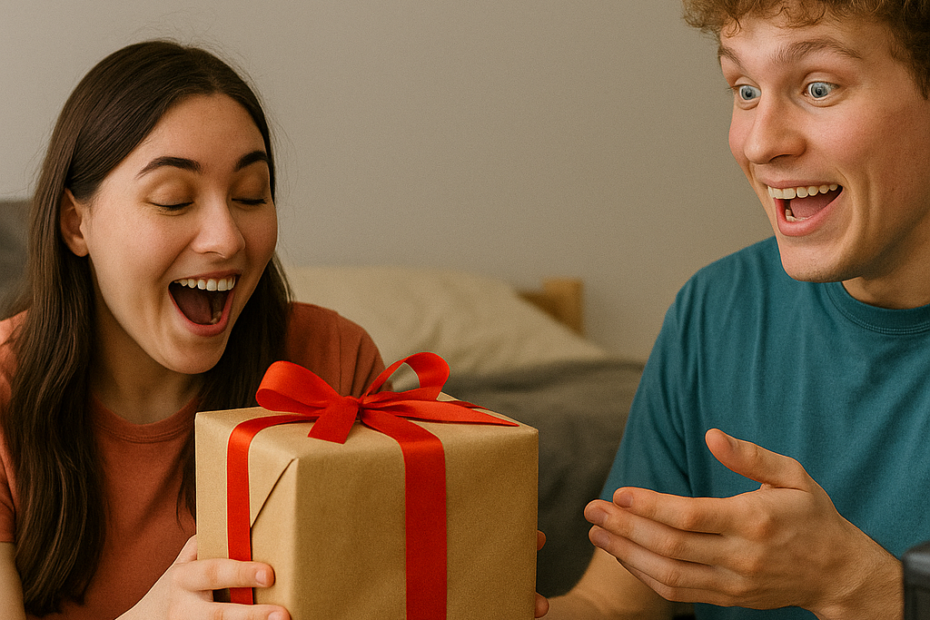 Two college students opening a wrapped gift in a dorm room with text reading ‘The Top 10 Gifts to Get Your College Student in 2025’.