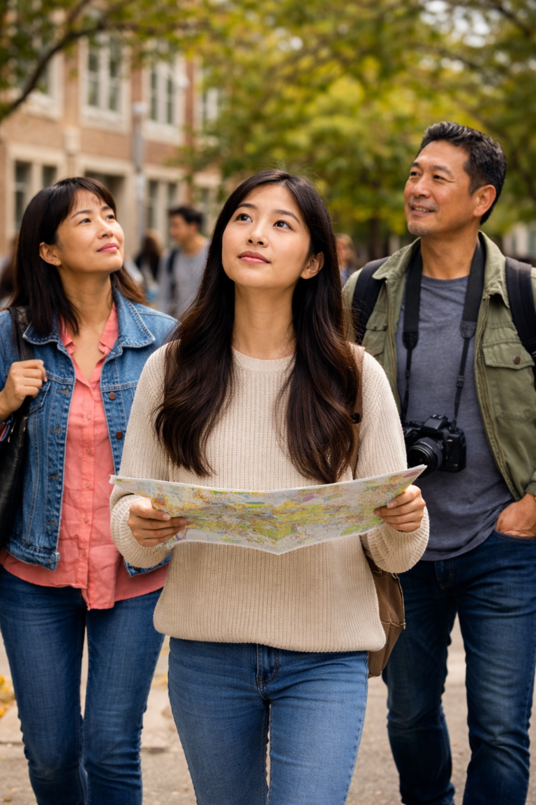 High School student visiting a college campus with her parents during an in-person college tour
