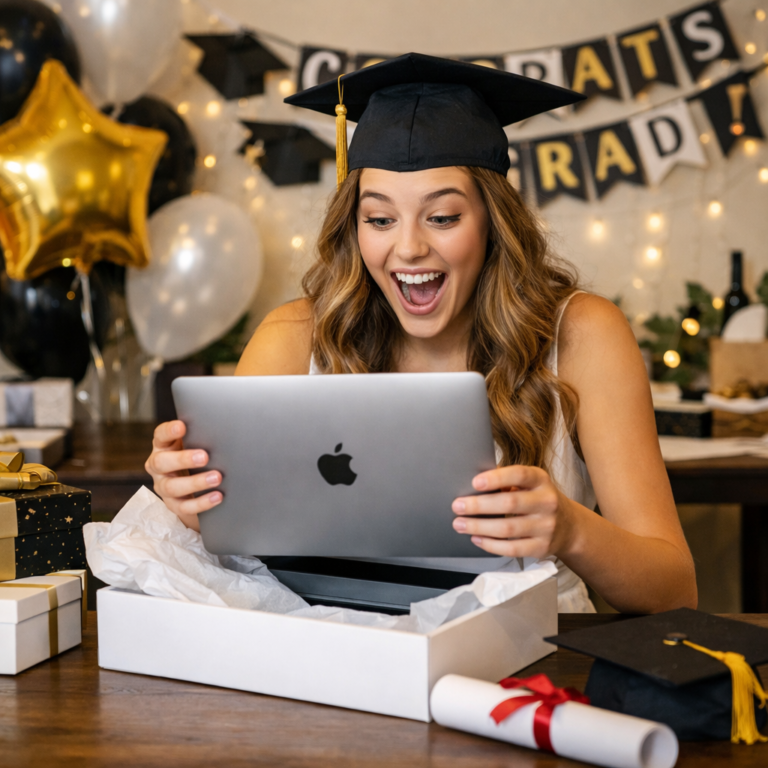 High school graduate opening a MacBook at a graduation party – one of the best graduation gift ideas for 2026