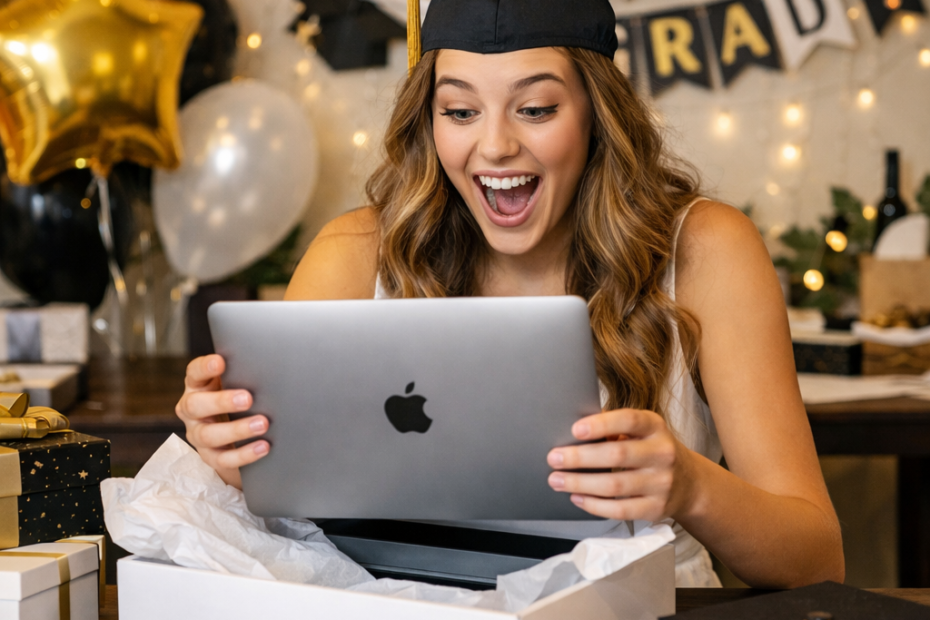 High school graduate opening a MacBook at a graduation party – one of the best graduation gift ideas for 2026