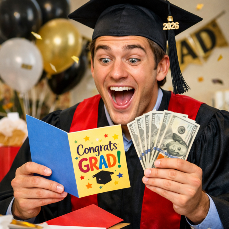 Excited graduate opening a card filled with cash at a graduation party