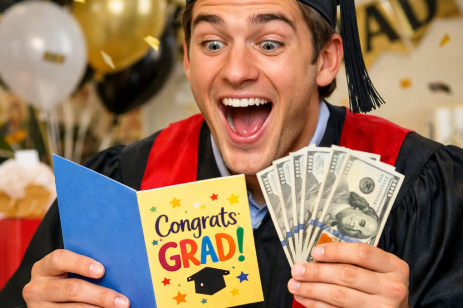 Excited graduate opening a card filled with cash at a graduation party